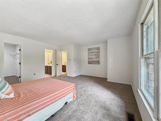 bedroom with carpet, baseboards, connected bathroom, and a spacious closet