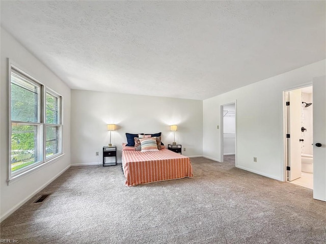 bedroom with carpet floors, baseboards, a textured ceiling, and ensuite bathroom