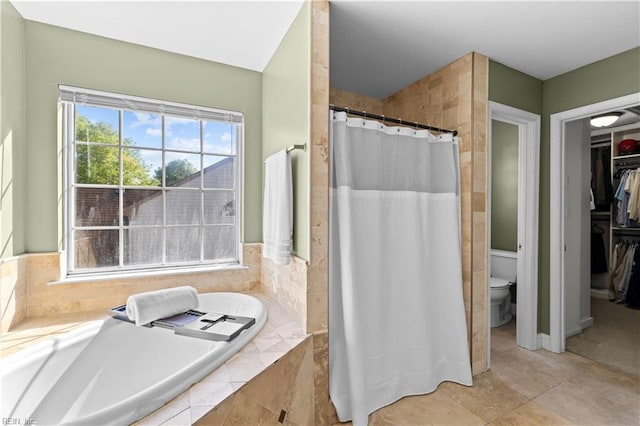 6738 Burbage Landing Cir, Suffolk, VA 23435 - bathroom with toilet, a bath, a spacious closet, and curtained shower