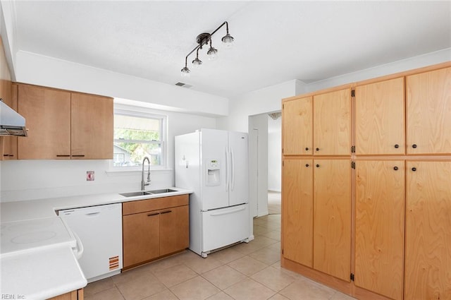 13024 Green Grove Ln, Newport News, VA 23608 - kitchen featuring a sink, white appliances, light countertops, light tile patterned floors, and rail lighting