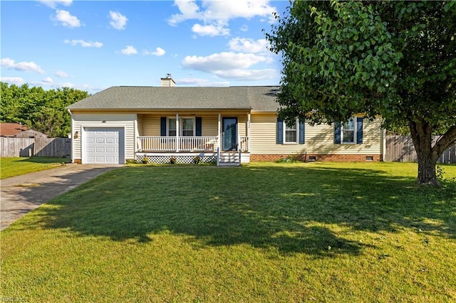 3412 Winterhawk Ct, Chesapeake, VA 23323 - ranch-style house with a porch, driveway, an attached garage, crawl space, and a chimney
