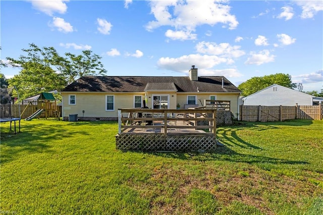 3412 Winterhawk Ct, Chesapeake, VA 23323 - rear view of house with a deck, central air condition unit, a trampoline, a playground, and a chimney
