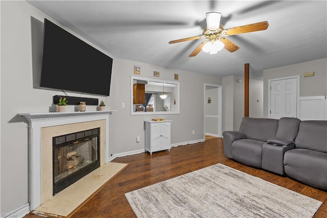 3412 Winterhawk Ct, Chesapeake, VA 23323 - living area with a ceiling fan, wood finished floors, a premium fireplace, and baseboards