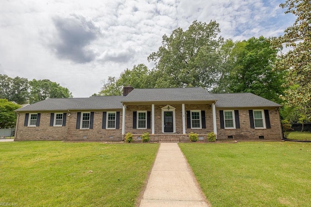 100 Woodland Cir, Franklin, VA 23851 - ranch-style house with crawl space, a front lawn, a porch, and brick siding