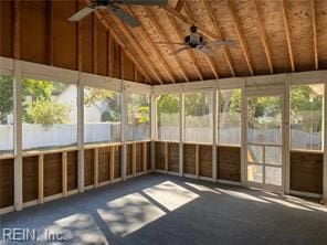 unfurnished sunroom with ceiling fan and lofted ceiling