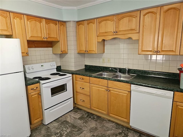 107 Cherry Acres Dr, Hampton, VA 23669 - kitchen featuring white appliances, a sink, crown molding, backsplash, and dark countertops