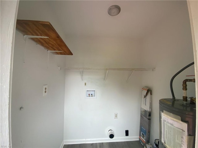 107 Cherry Acres Dr, Hampton, VA 23669 - laundry room with water heater, electric dryer hookup, washer hookup, wood finished floors, and baseboards