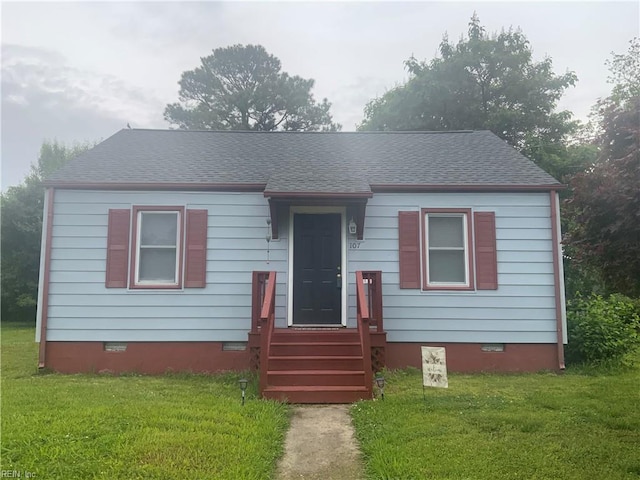 107 Cherry Acres Dr, Hampton, VA 23669 - bungalow-style house featuring crawl space, a front lawn, and roof with shingles