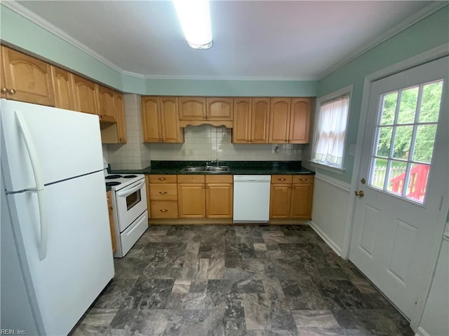 107 Cherry Acres Dr, Hampton, VA 23669 - kitchen featuring white appliances, a sink, stone finish floors, crown molding, and dark countertops