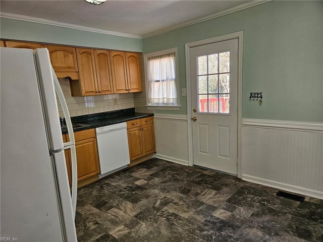 107 Cherry Acres Dr, Hampton, VA 23669 - kitchen with white appliances, crown molding, wainscoting, tasteful backsplash, and dark countertops