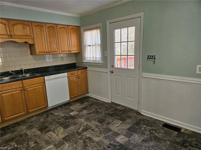 107 Cherry Acres Dr, Hampton, VA 23669 - kitchen featuring dishwasher, a sink, a wainscoted wall, ornamental molding, and dark countertops