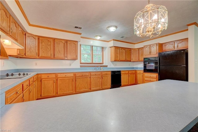 8 Pinckney Ln, Poquoson, VA 23662 - kitchen featuring black appliances, crown molding, a chandelier, light countertops, and under cabinet range hood