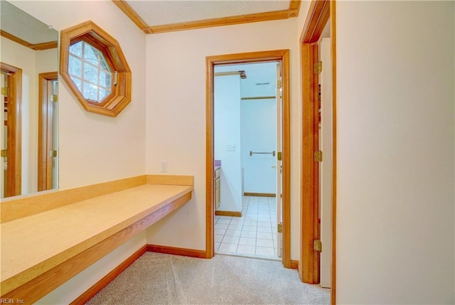 8 Pinckney Ln, Poquoson, VA 23662 - corridor with crown molding, light colored carpet, baseboards, and a textured ceiling