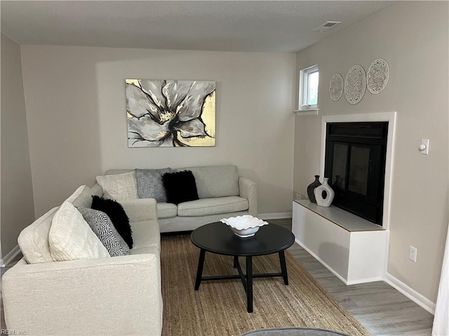 living room with wood finished floors, a glass covered fireplace, and baseboards