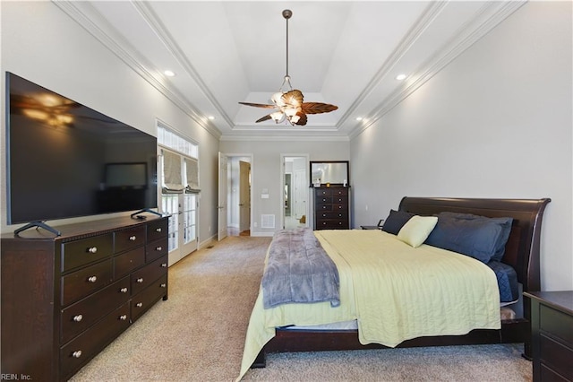 200 Avonlea Dr, Chesapeake, VA 23322 - bedroom featuring light colored carpet, a raised ceiling, ornamental molding, ceiling fan, and baseboards