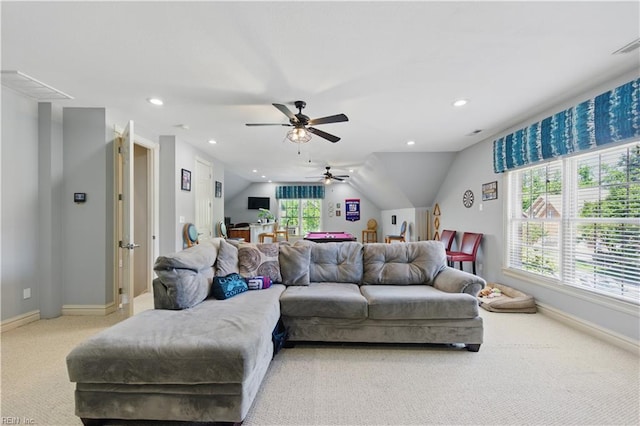 200 Avonlea Dr, Chesapeake, VA 23322 - living area with light carpet, baseboards, a ceiling fan, recessed lighting, and lofted ceiling