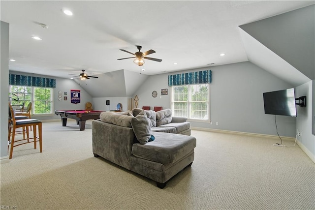 200 Avonlea Dr, Chesapeake, VA 23322 - living room featuring carpet flooring, pool table, vaulted ceiling, baseboards, and recessed lighting