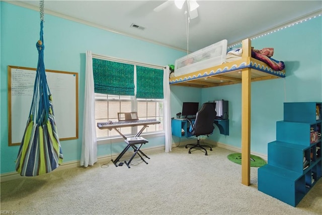 200 Avonlea Dr, Chesapeake, VA 23322 - carpeted bedroom featuring baseboards, a desk, a ceiling fan, and ornamental molding