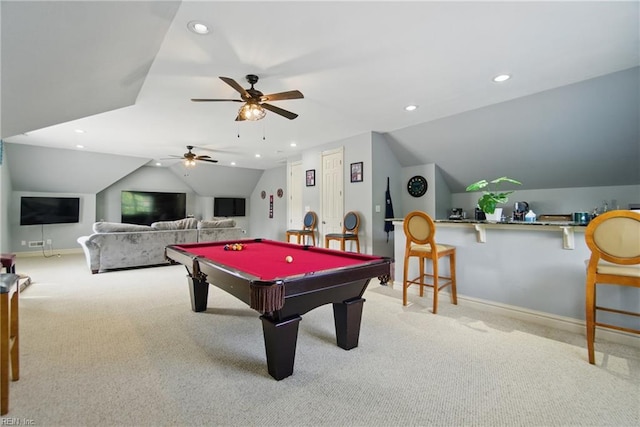 rec room featuring lofted ceiling, carpet, recessed lighting, baseboards, and billiards