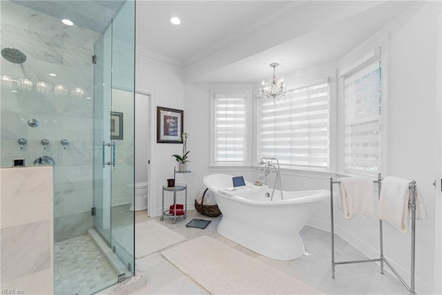 2900 Thomas Smith Ln, Williamsburg, VA 23185 - bathroom featuring crown molding, marble look tiles, a marble finish shower, a freestanding bath, and a chandelier