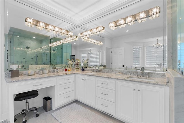 2900 Thomas Smith Ln, Williamsburg, VA 23185 - full bathroom with a chandelier, crown molding, double vanity, and a shower stall