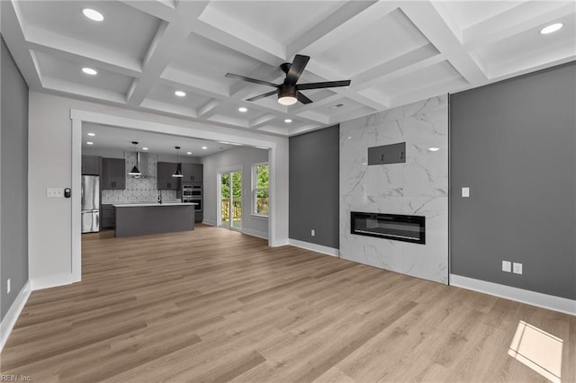 433 Cooper St, Hampton, VA 23669 - unfurnished living room with a fireplace, recessed lighting, a ceiling fan, coffered ceiling, and baseboards
