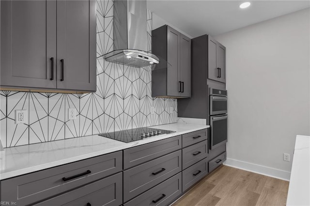433 Cooper St, Hampton, VA 23669 - kitchen featuring wall chimney exhaust hood, gray cabinetry, black electric cooktop, double oven, and recessed lighting