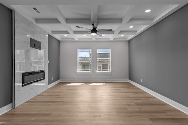 433 Cooper St, Hampton, VA 23669 - unfurnished room with a ceiling fan, beamed ceiling, light wood finished floors, baseboards, and recessed lighting