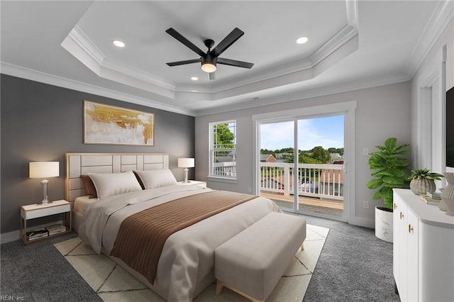 433 Cooper St, Hampton, VA 23669 - bedroom featuring light carpet, access to outside, a tray ceiling, crown molding, and recessed lighting