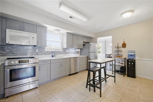 2809 Cedar Cove Ln, Chesapeake, VA 23323 - kitchen with appliances with stainless steel finishes, gray cabinetry, a sink, and light countertops