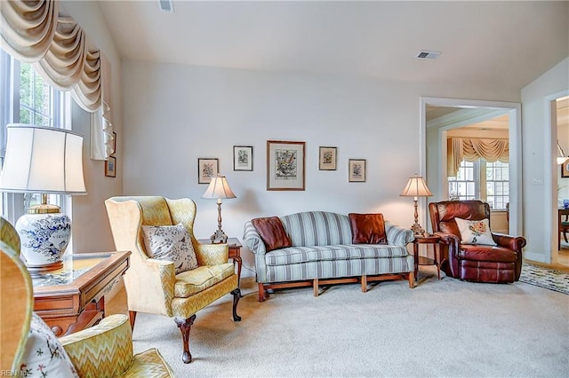 living area featuring plenty of natural light, carpet, and baseboards