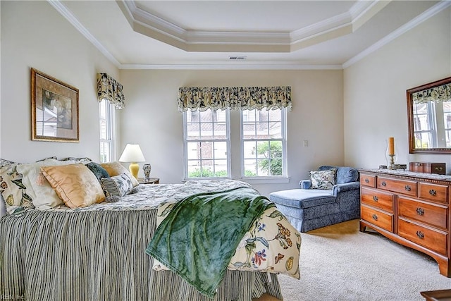 bedroom featuring a raised ceiling, multiple windows, carpet floors, and crown molding