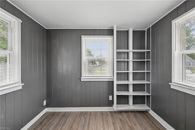 empty room with wood finished floors, plenty of natural light, and baseboards
