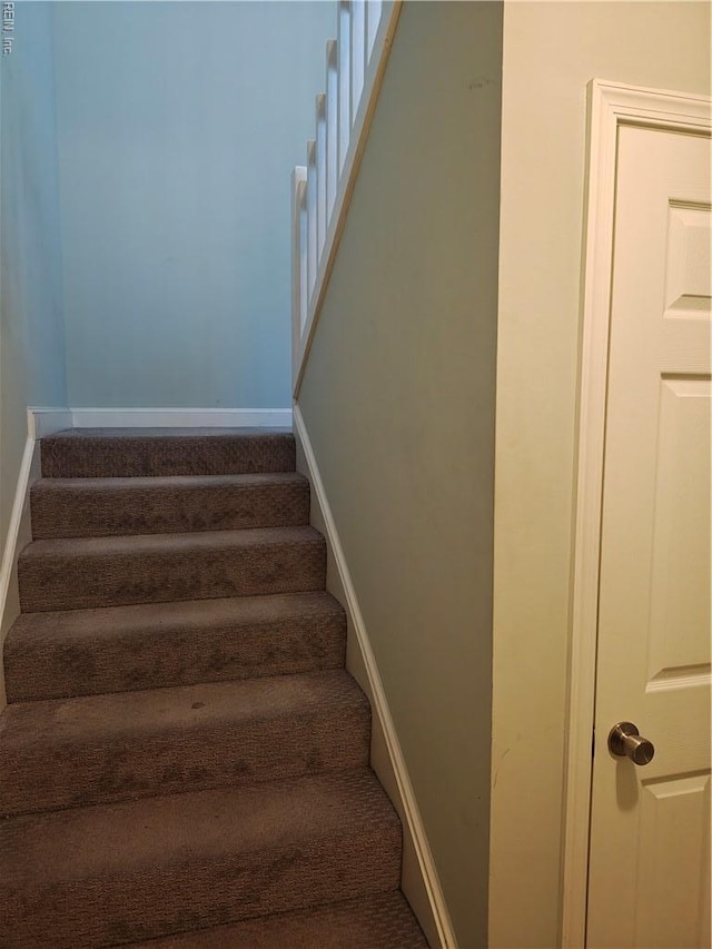 staircase with baseboards and carpet flooring