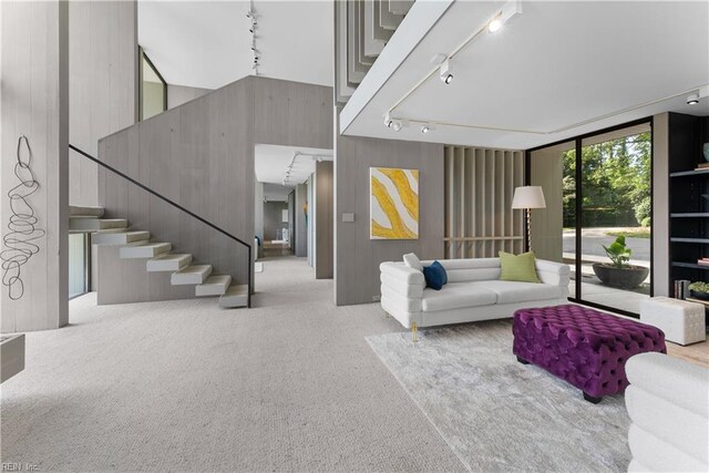 1336 Moyer Rd, Newport News, VA 23606 - living room featuring track lighting, stairs, carpet flooring, wood walls, and a high ceiling