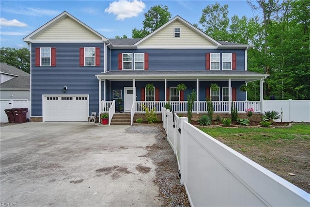 view of front of home with a porch, fence, a garage, and concrete driveway