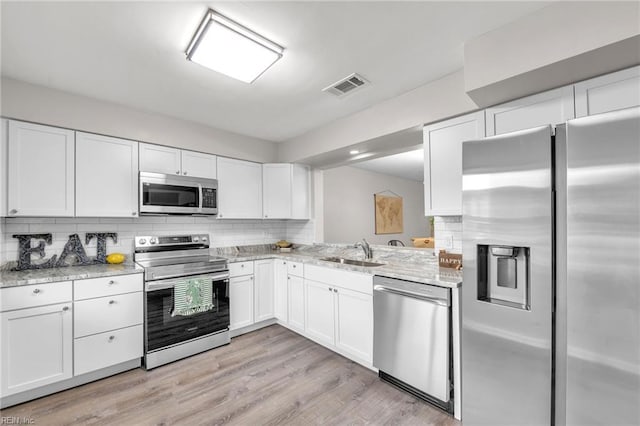 3903 Lantana Pl, Virginia Beach, VA 23456 - kitchen featuring appliances with stainless steel finishes, a sink, tasteful backsplash, white cabinets, and light wood finished floors
