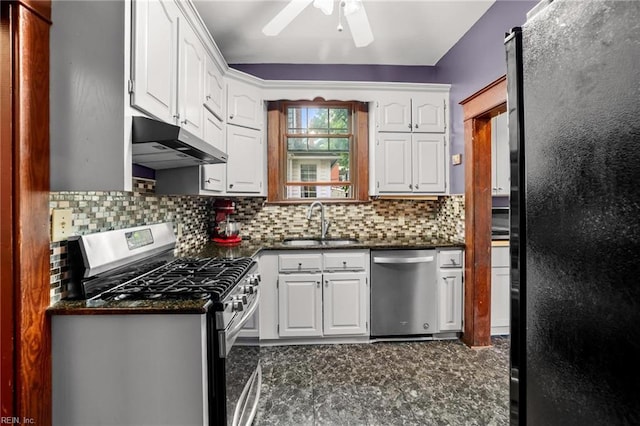 226 Lucile Ave, Norfolk, VA 23504 - kitchen featuring under cabinet range hood, stainless steel appliances, a sink, decorative backsplash, and white cabinets