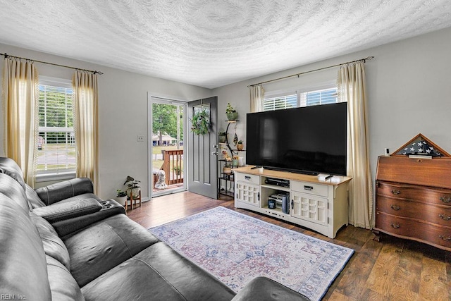 living area featuring plenty of natural light, wood finished floors, and a textured ceiling