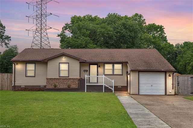 7103 Orcutt Ave, Newport News, VA 23605 - ranch-style house with crawl space, driveway, an attached garage, and a shingled roof