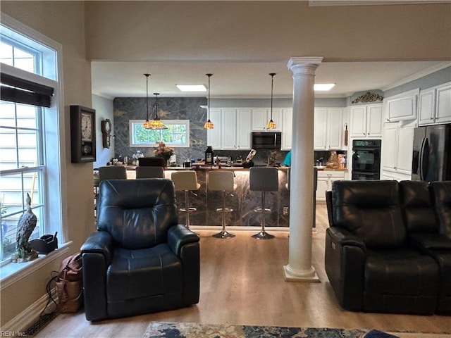 103 Sloop Ct, Williamsburg, VA 23185 - living room featuring ornate columns, wood finished floors, and ornamental molding
