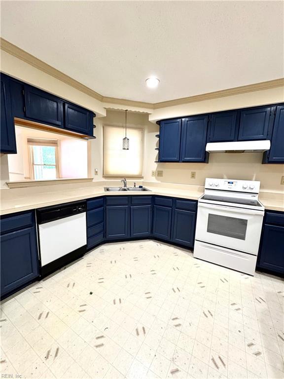 121 Monarch Glade, Yorktown, VA 23692 - kitchen featuring white appliances, blue cabinets, a sink, under cabinet range hood, and ornamental molding