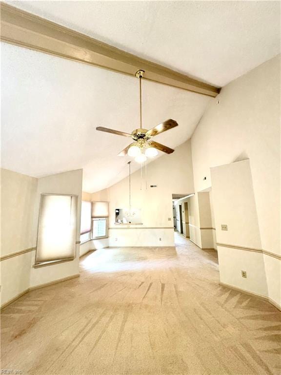 121 Monarch Glade, Yorktown, VA 23692 - spare room featuring carpet flooring, ceiling fan, beamed ceiling, high vaulted ceiling, and baseboards
