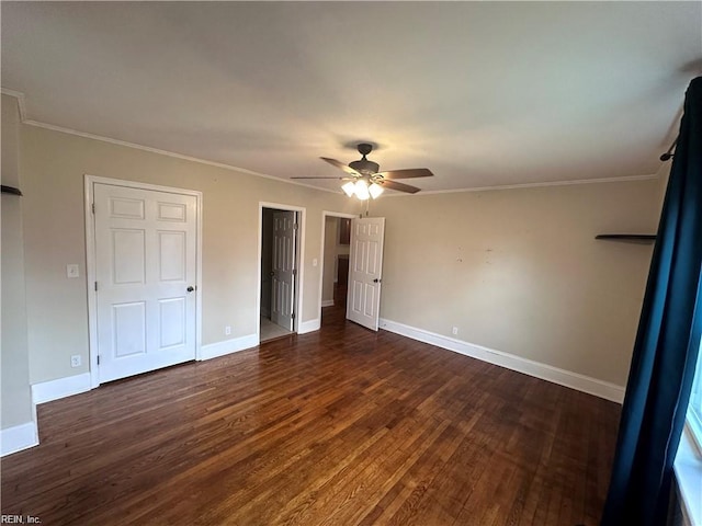1355 W Norcova Dr, Norfolk, VA 23502 - unfurnished bedroom with dark wood-style floors, baseboards, crown molding, and a ceiling fan