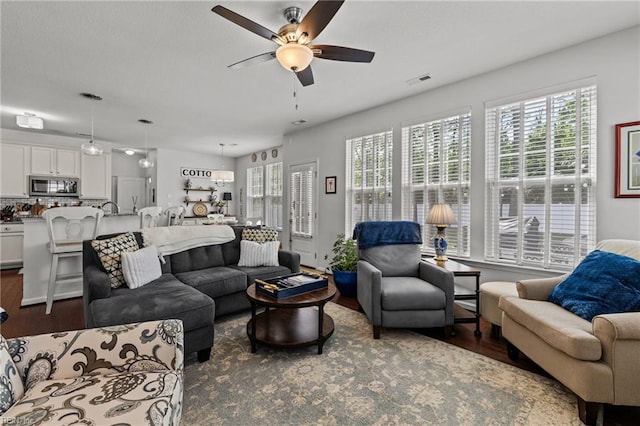 living room with dark wood-style floors, ceiling fan, and plenty of natural light