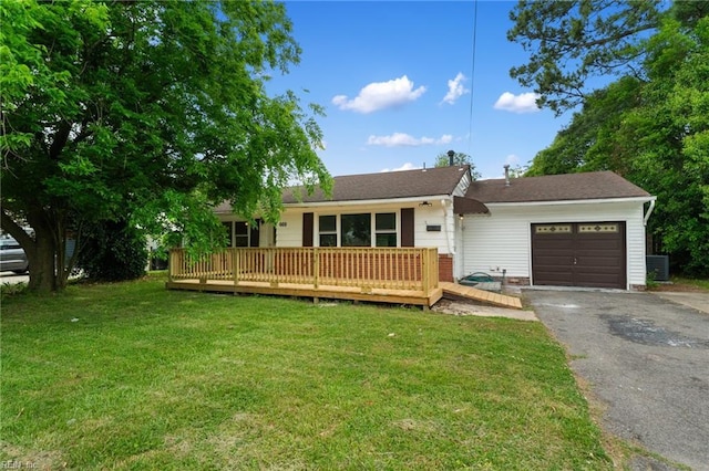 669 Kenneth Rd, Virginia Beach, VA 23462 - single story home featuring asphalt driveway, an attached garage, a front yard, a deck, and central air condition unit