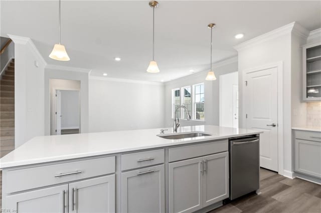 2237 Sanibel Ln, Chesapeake, VA 23321 - kitchen with gray cabinetry, stainless steel dishwasher, a sink, crown molding, and recessed lighting