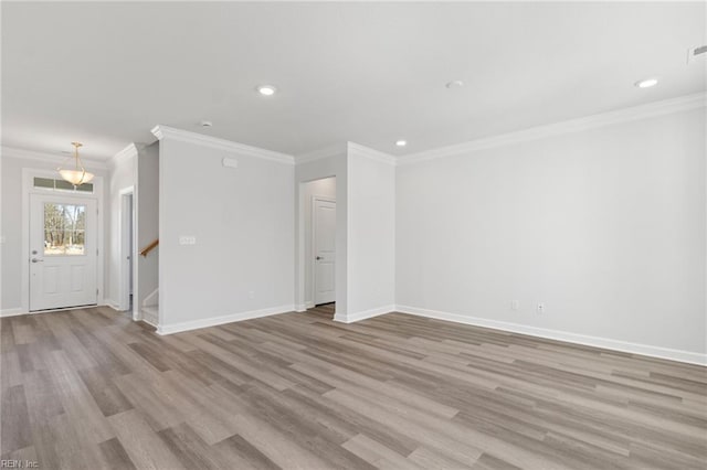2237 Sanibel Ln, Chesapeake, VA 23321 - unfurnished room with wood finished floors, baseboards, crown molding, recessed lighting, and stairs