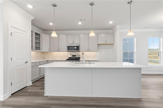2237 Sanibel Ln, Chesapeake, VA 23321 - kitchen with appliances with stainless steel finishes, a sink, crown molding, light countertops, and wood finished floors