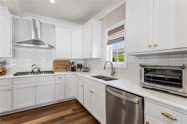 2316 William D Lee Ct, Virginia Beach, VA 23456 - kitchen featuring stainless steel appliances, wall chimney exhaust hood, a sink, white cabinets, and light countertops